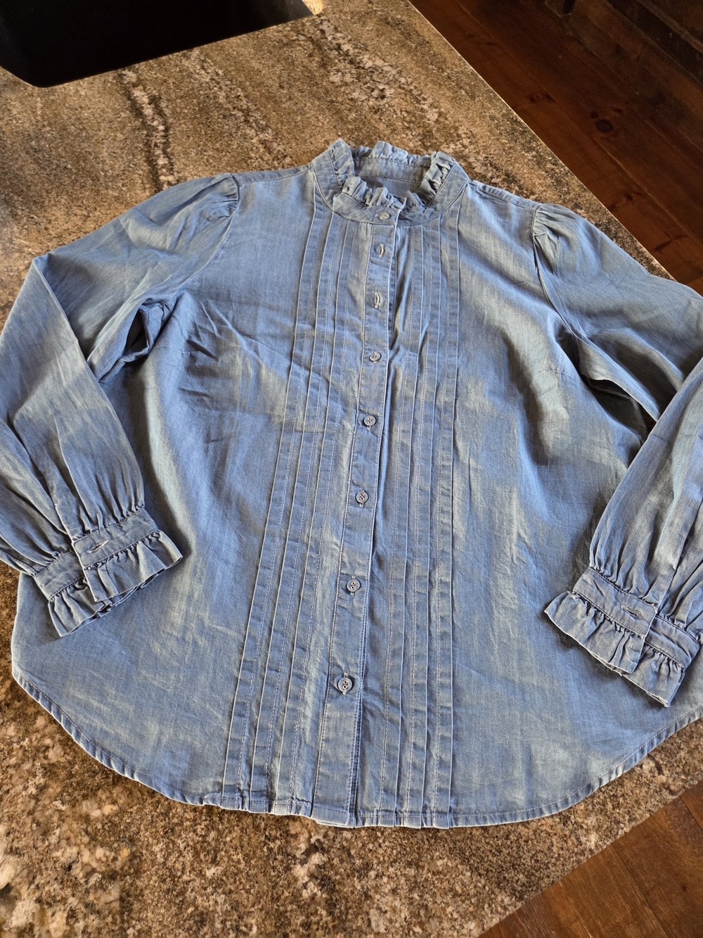 Talbots Light Blue Ruffled Collar Pintuck Button-Up Blouse